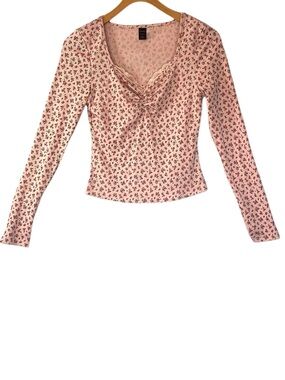 ROMWE Ditzy Floral Lace-Trim Long Sleeve Top Size S US 4 Pink Multi Cottagecore